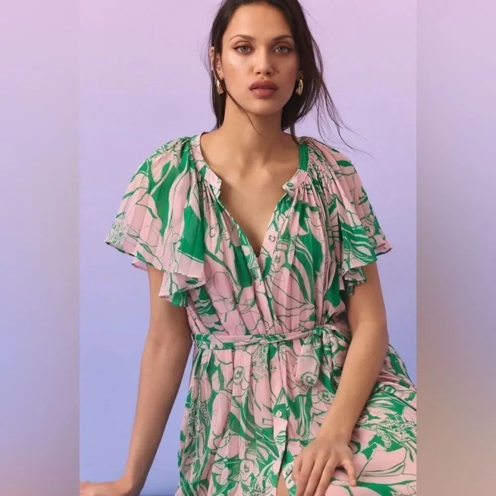 By Anthropologie V-Neck Ruffle-Sleeve Pleated Dress Size Medium